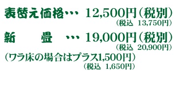表替え価格・・・１０５００円(税別）
新　　畳・・・１７０００円（税別）（ワラ床の場合はプラス１５００円）