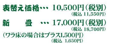 表替え価格・・・１５０００円（税別）新畳・・・１７０００円（税別）（ワラ床の場合はプラス１５００円）