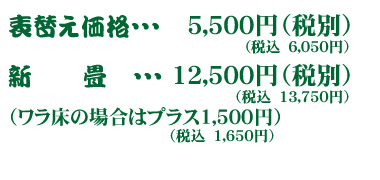 表替え価格・・・５０００円（税別）新畳・・・１２０００円（税別）（ワラ床はプラス１５００円）